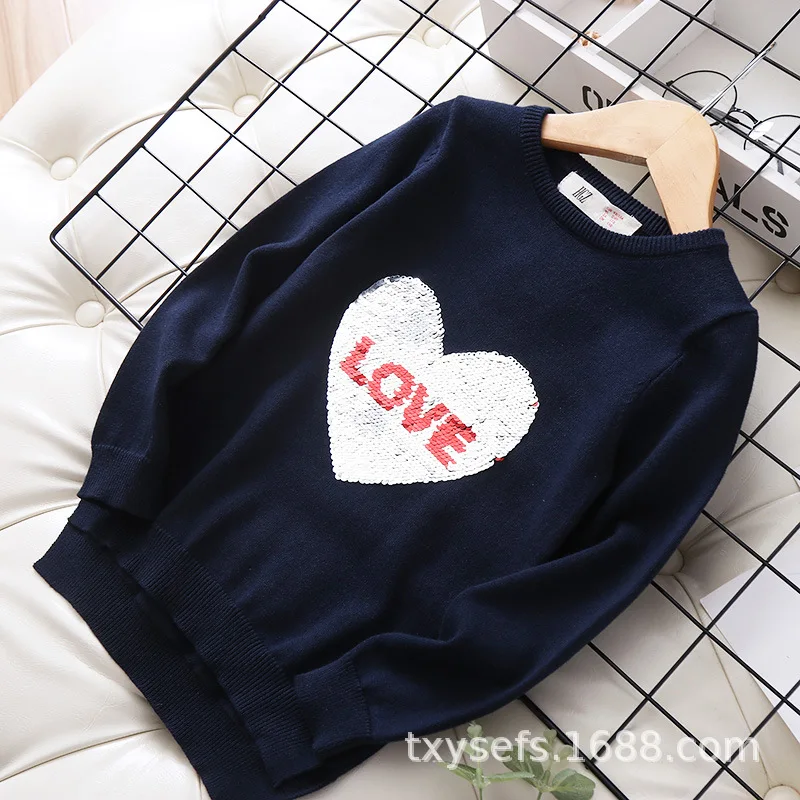 Bj-010 детская одежда; Детский свитер; коллекция года; сезон осень; стиль; пуловер для девочек с блестками и надписью «сердце»