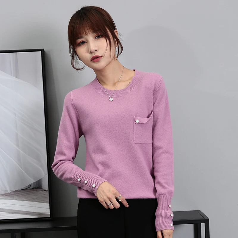 pink purple Smpevrg100% шерсть Серия 19 зимний мериносовый полный свитер женский из чистой шерсти круглый галстук карман модный свитер тонкая кашемировая рубашка - Цвет: pink purple