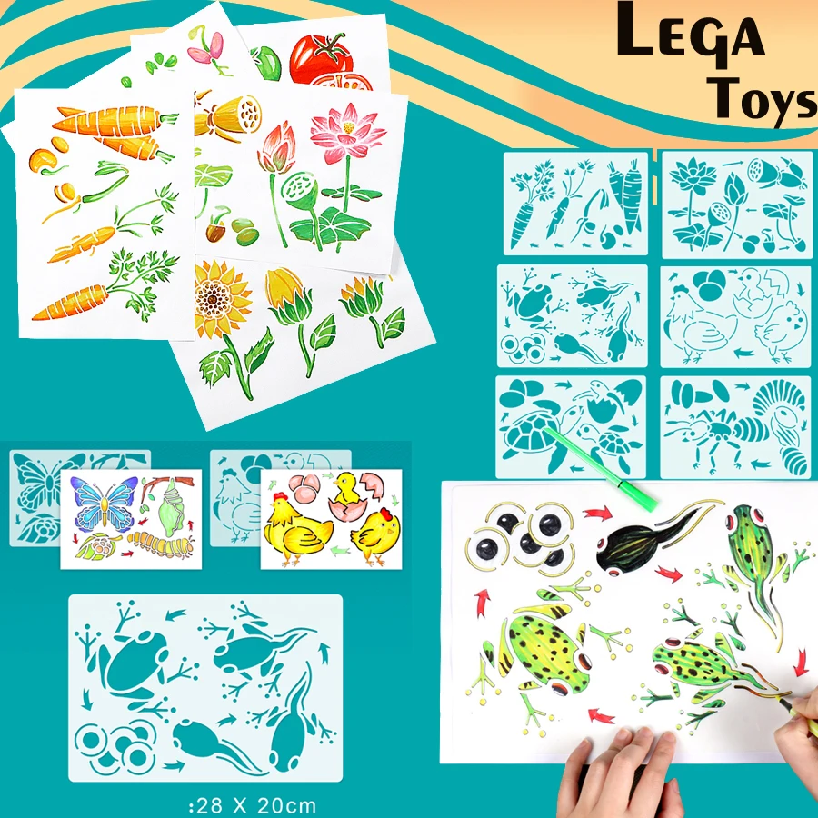 4個モンテッソーリ動物や植物蝶てんとう虫frogjellyfishひまわりライフサイクル絵画ステンシル教育玩具 Aliexpress おもちゃ ホビー