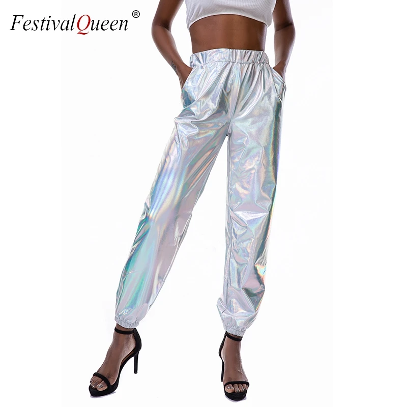 

Laser Holographic Wet Look Long Pants Lady High Waist Pencil Pants Fashion Hip Hop Street Dance Trousers Women Autumn Streetwear