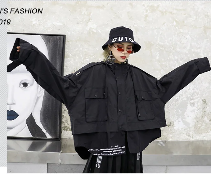 

Women Oversize Bat Sleeve Loose Casual Splice Cargo Jacket Coat Female Streetwear Gothic Hooded Short Windbreaker Outerwear