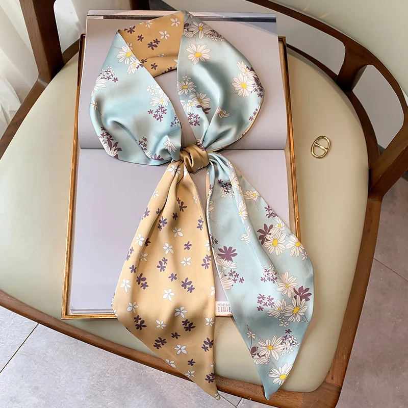 

New Aesthetic Fashion printing long silk scarf female Literary Party travel hair decorative headband tie wrist strap bag belt