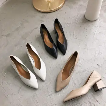 

2019 autumn new fashion simple solid color pointed toe high heels women retro style rough heel casual high heels
