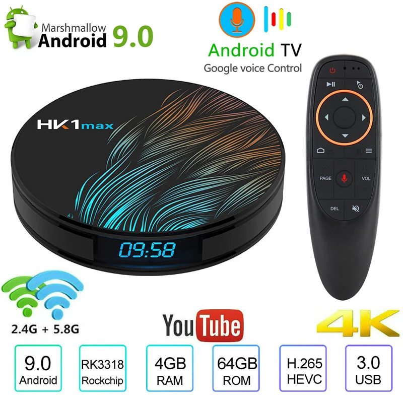 HK1 Max Смарт ТВ приставка Android 9,0 4G 64G четырехъядерный 4K 5,8 Wifi BT4.0 Google Play store Netflix Youtube телеприставка медиаплеер