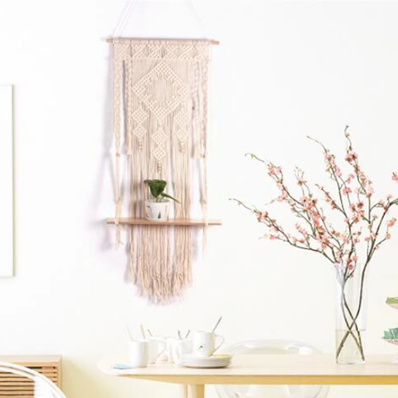 Macrame Woven Tapestry Wall Hanging Shelf Hanging Planter Basket Wall Handmade Plant Hanger Pot Party Wedding Home Decoration MS