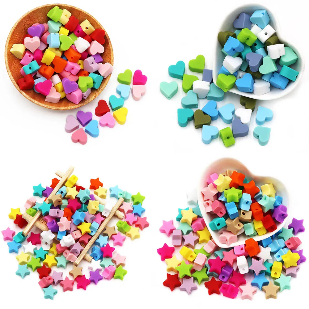 Joepada 30Pc Star Love Heart Shape Teething Silicone Beads For Baby Teething Necklace Accessories Food Grade Teether toy