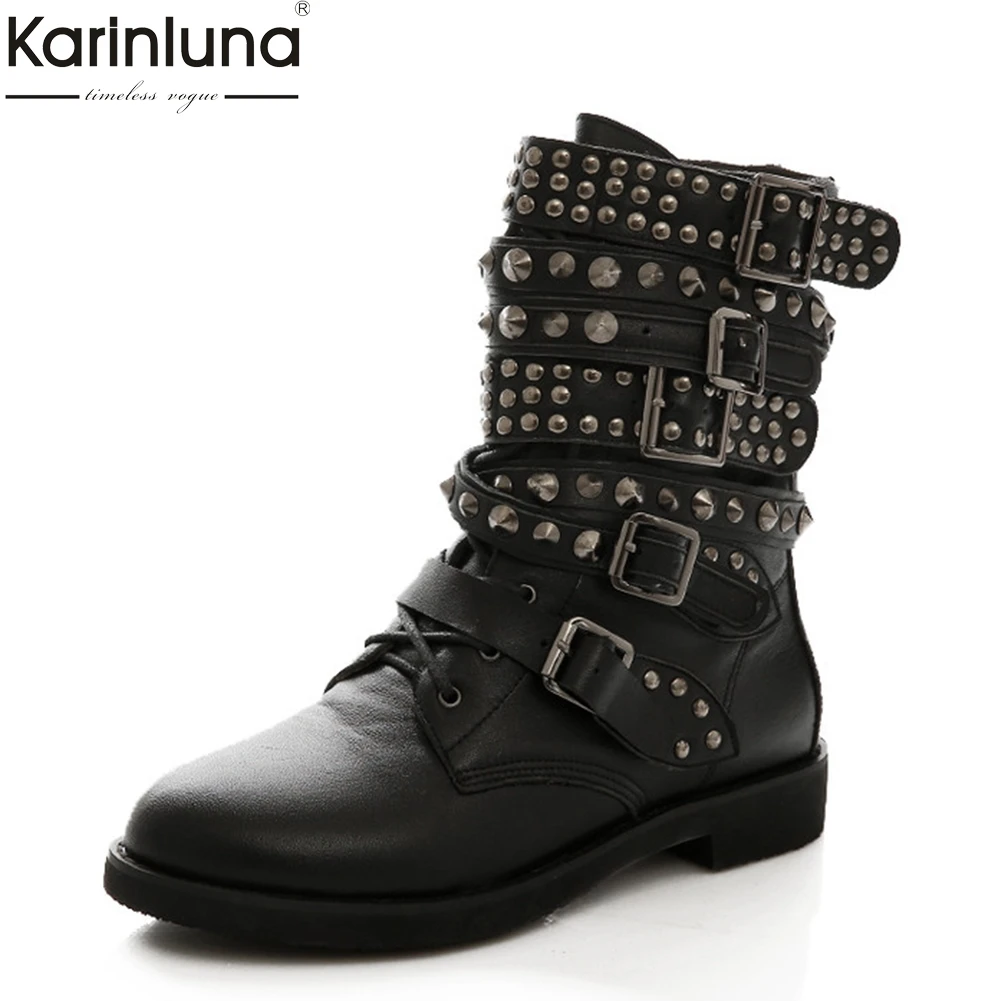 

Karinluna Big Size 43 Women Cowboy Boots Punk Style Rivets Shoes Woman Two Kind Outside Combat Riding Motorcycle Ankle Boots