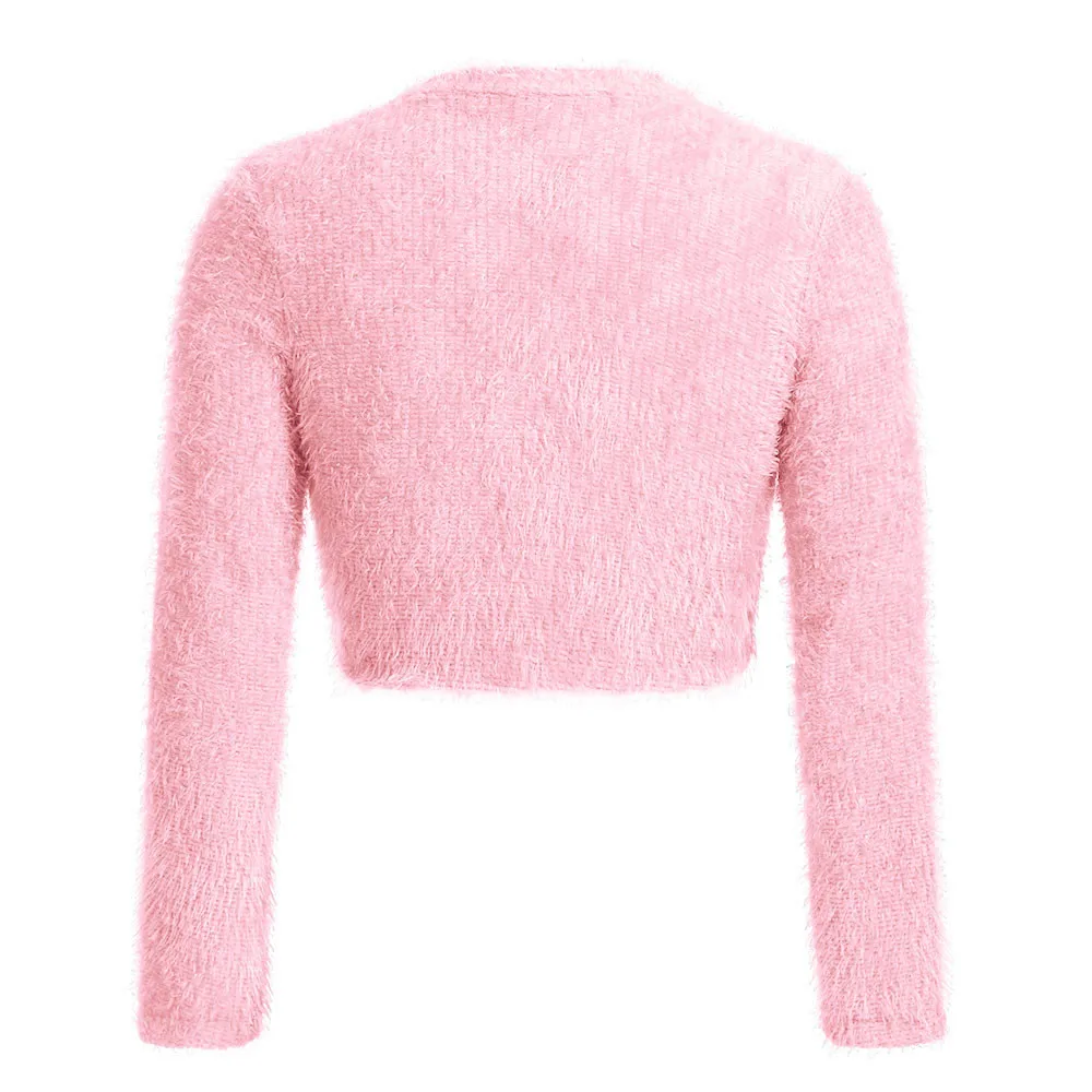 Пушистый розовый свитер, женский модный Повседневный Укороченный кардиган kardigan с v-образным вырезом и длинным рукавом на пуговицах, Осень-зима, популярный женский кардиган
