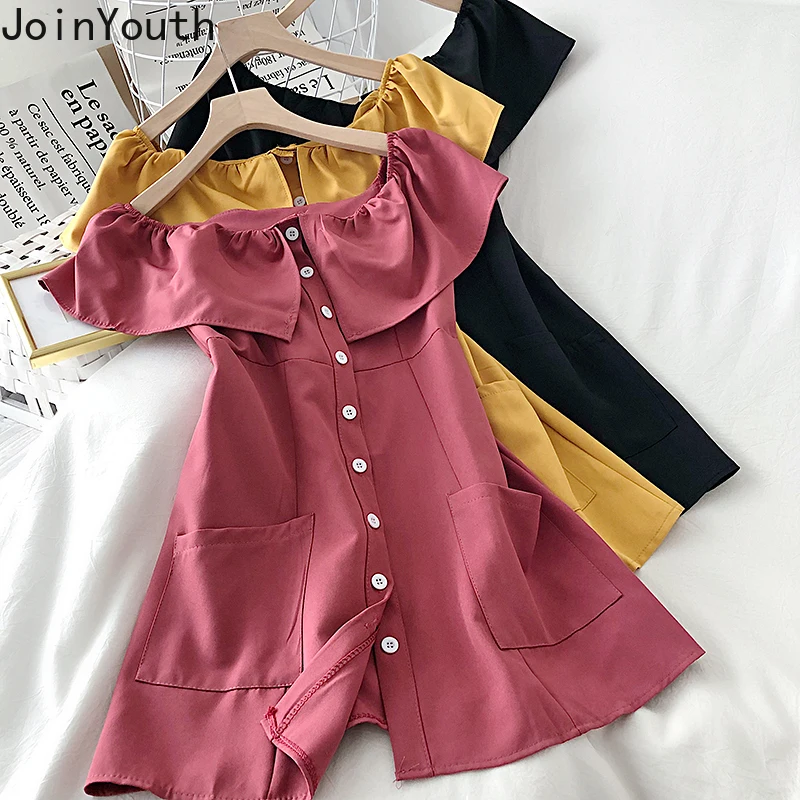 JoinYouth корейское 2020 однотонное Vestidos с коротким рукавом оборками шикарное летнее