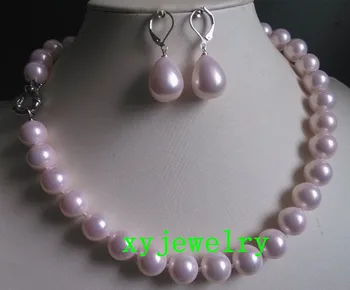 

beautiful 12mm light pink sea shell pearl necklace 18 inch & dangle earring set AAA style Fine Noble real Natural