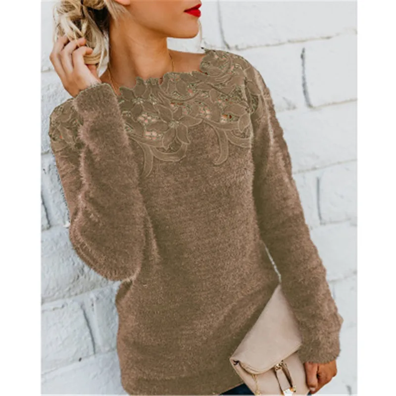coffee sweater Модный кружевной кашемировый свитер, женский свитер и пуловеры, повседневный Однотонный женский свитер с круглым вырезом, осенние свитера, топы для женщин - Цвет: coffee sweater