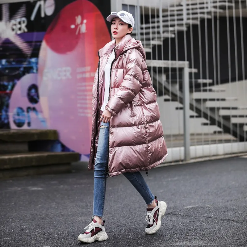 pink Блестящие куртки для женщин, зимнее пальто для девочек, новая парка, женская уличная одежда, Женская Стеганая куртка с капюшоном, новинка, черный цвет - Цвет: pink