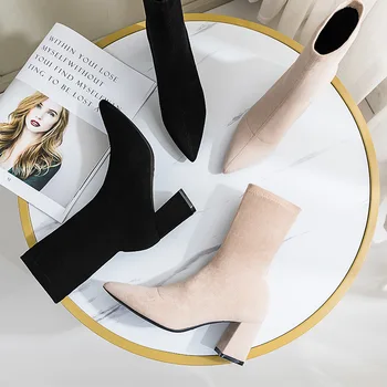 

Short boots feminine pointy suede thick heel mid-tube boots temperament comfortable stretch boots