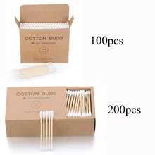 100/200 шт одноразовые палочки из бамбукового хлопка с двойной головкой, деревянные палочки, ватные палочки, чистка ушей для носа, косметические инструменты для макияжа