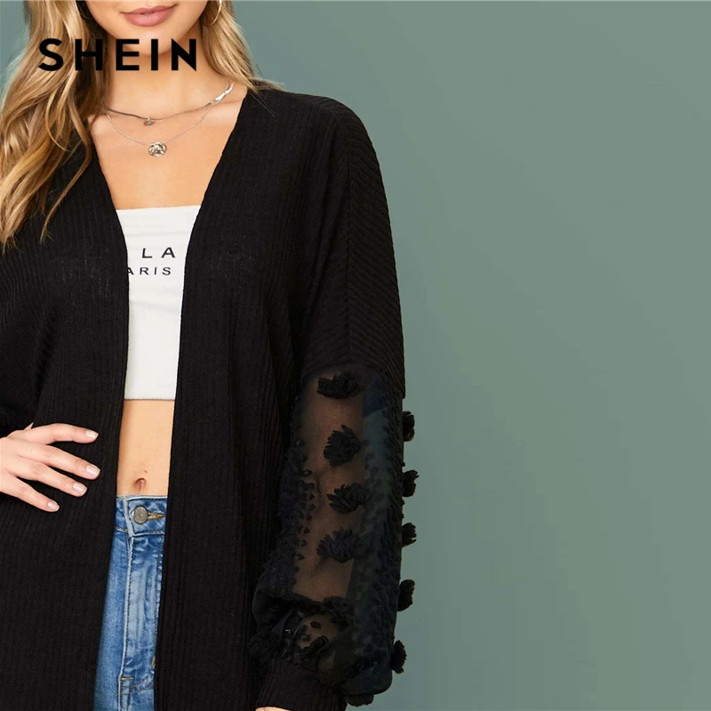 price cut  SHEIN Black Swiss Dot Mesh Lantern Sleeve Rib-knit Coat Oversized Top Women 2020 Autumn Office Lady