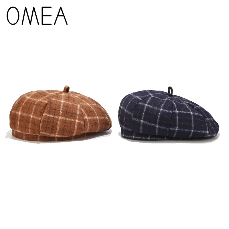 OMEA, клетчатый берет, шапка для женщин, зимняя, Ретро стиль, берет, шапка тыква, хлопковая шапка для художника, берет, Femme, клетчатая шапка, весенняя, восьмиугольная шапка, шапка
