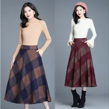 Винтажная клетчатая юбка, Осень-зима, юбки женские, элегантные, для офиса, леди, высокая талия, шерстяная юбка, трапециевидная, плиссированная, длинная юбка, fw639