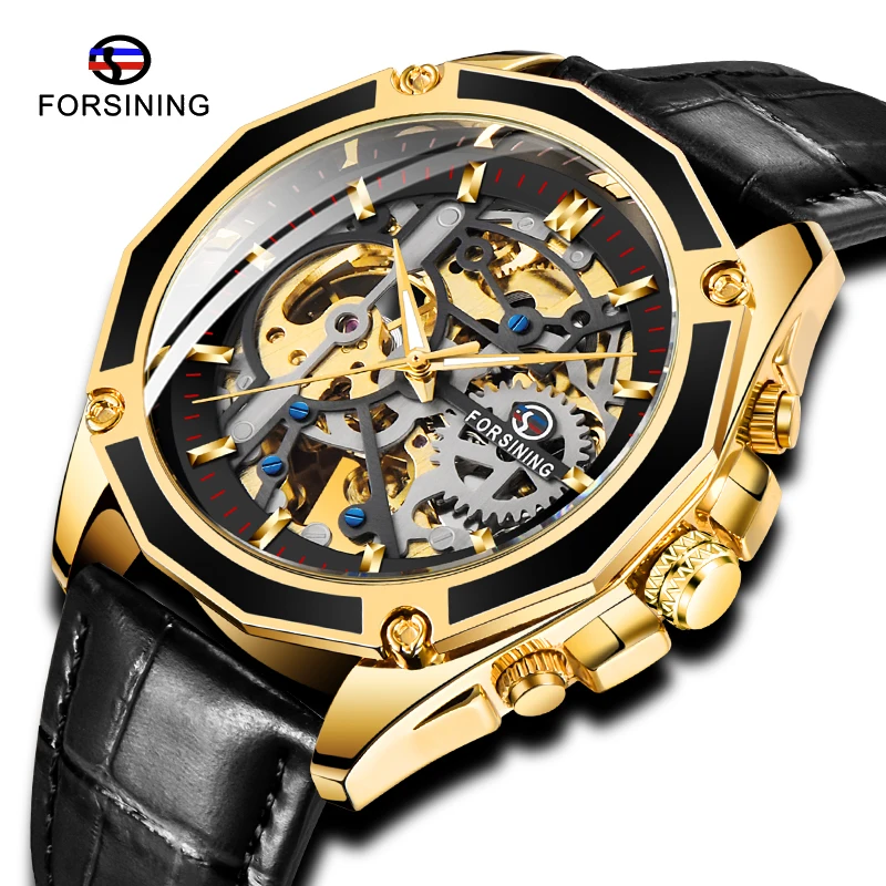 

Luxury Brand FORSINING Transparent Case Gear Movement Steampunk Men Automatic Skeleton Watch Open Work Design Waterproof Clock