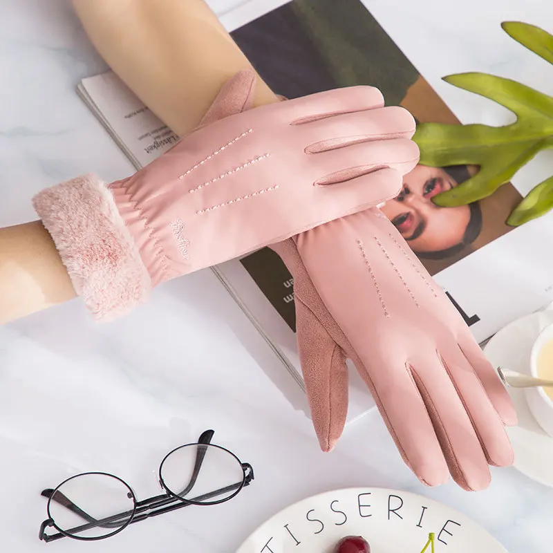 

Girls Suede Gloves Cotton Fleece Warm Velvet Mittens Rider Driving Mittens Girl Touch Screen Luva Feminina Lace Flower Gloves