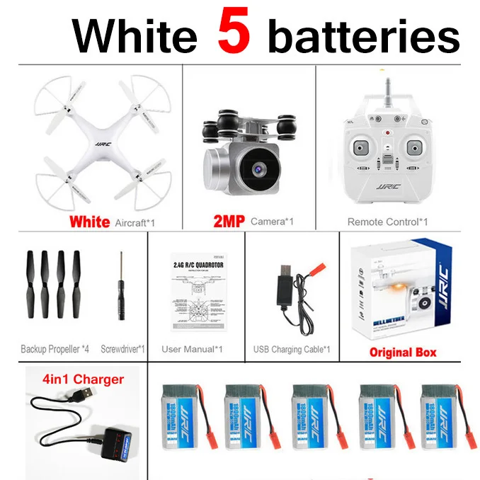 JJRC H68 720P Wifi FPV RC Дрон с камерой Квадрокоптер высота Дрон держать Безголовый режим вертолет Профессиональный Квадрокоптер - Цвет: White 5 batteries