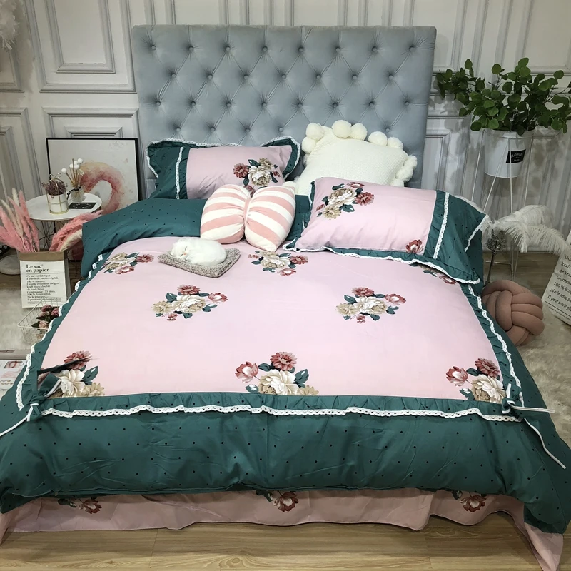 

Patchwork Duvet cover with 2 bow-knot Brushed Microfiber Soft Warm Queen size 4Pcs Bedding set Bed sheet Pillowcases for Girls