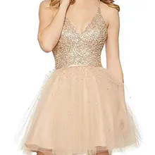 Спагетти расшитый бисером цвета шампань со стразами для встречи выпускников/корпоратива платья сексуальное короткое мини с открытой спиной выпускное платье вечерние бальные платья дешево