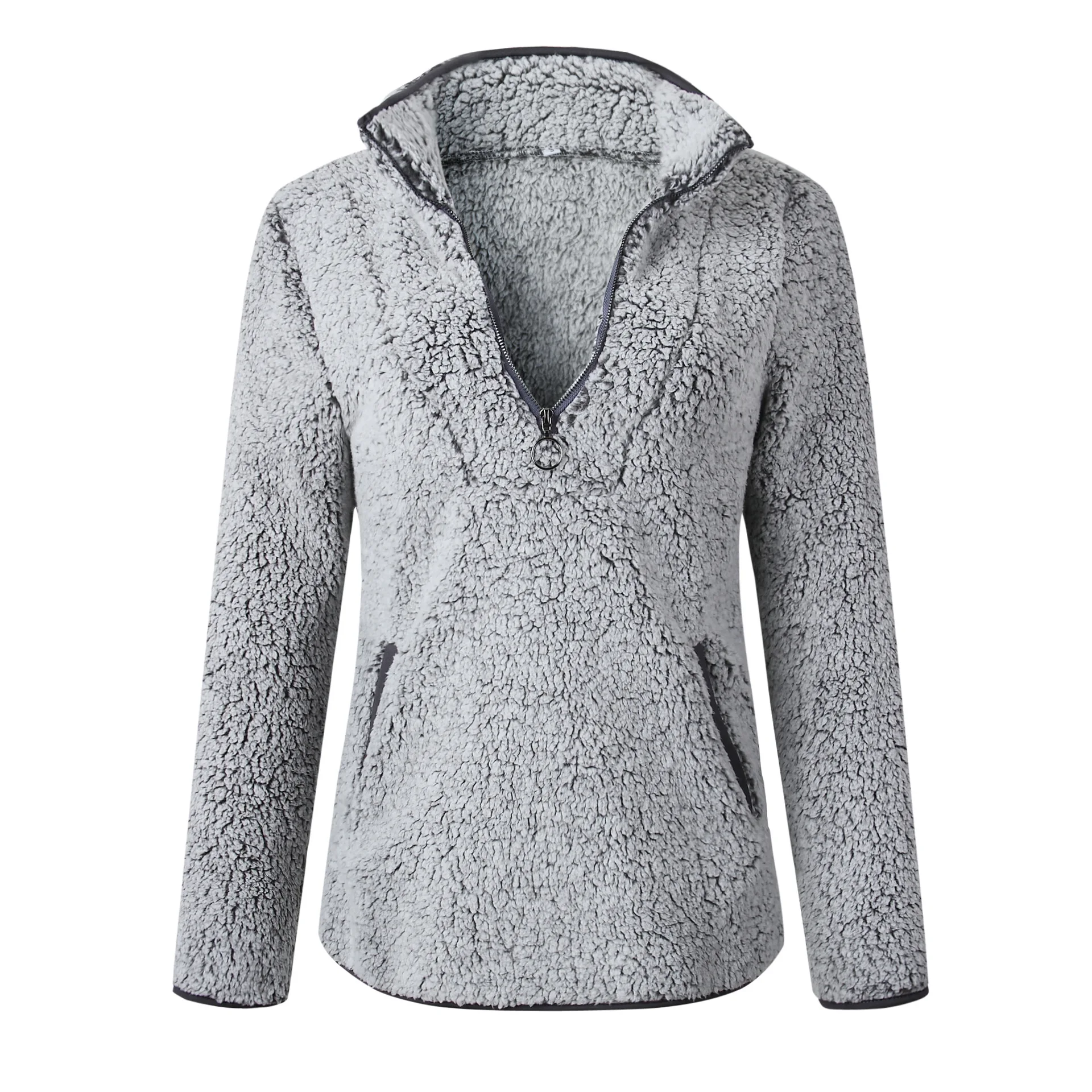Black Gray TMWEVN флисовый 1/4 на молнии пушистый шерпа пуловер Толстовка пушистая верхняя одежда пальто для женщин с карманами Толстовка для женщин - Цвет: Black Gray