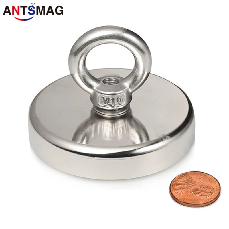 500LBS Pull Force N52 Super StronNeodymium Recovery Salvage Magnet With M10 Eyebolt, Diameter 2.95INCH(75mm) for Fishing Magnet