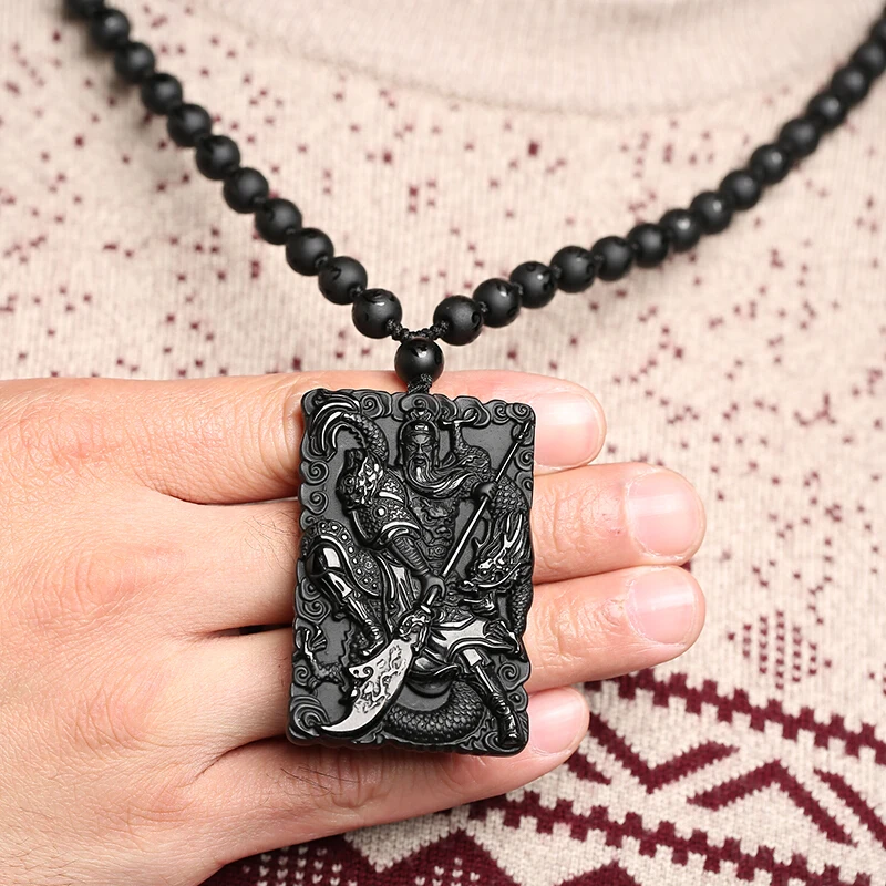 Натуральное черное ожерелье из ОБСИДИАНОВЫХ бусин, ручная резная подвеска Guan Yu Jade, модное очаровательное ювелирное изделие для мужчин, благоприятный амулет, подарки