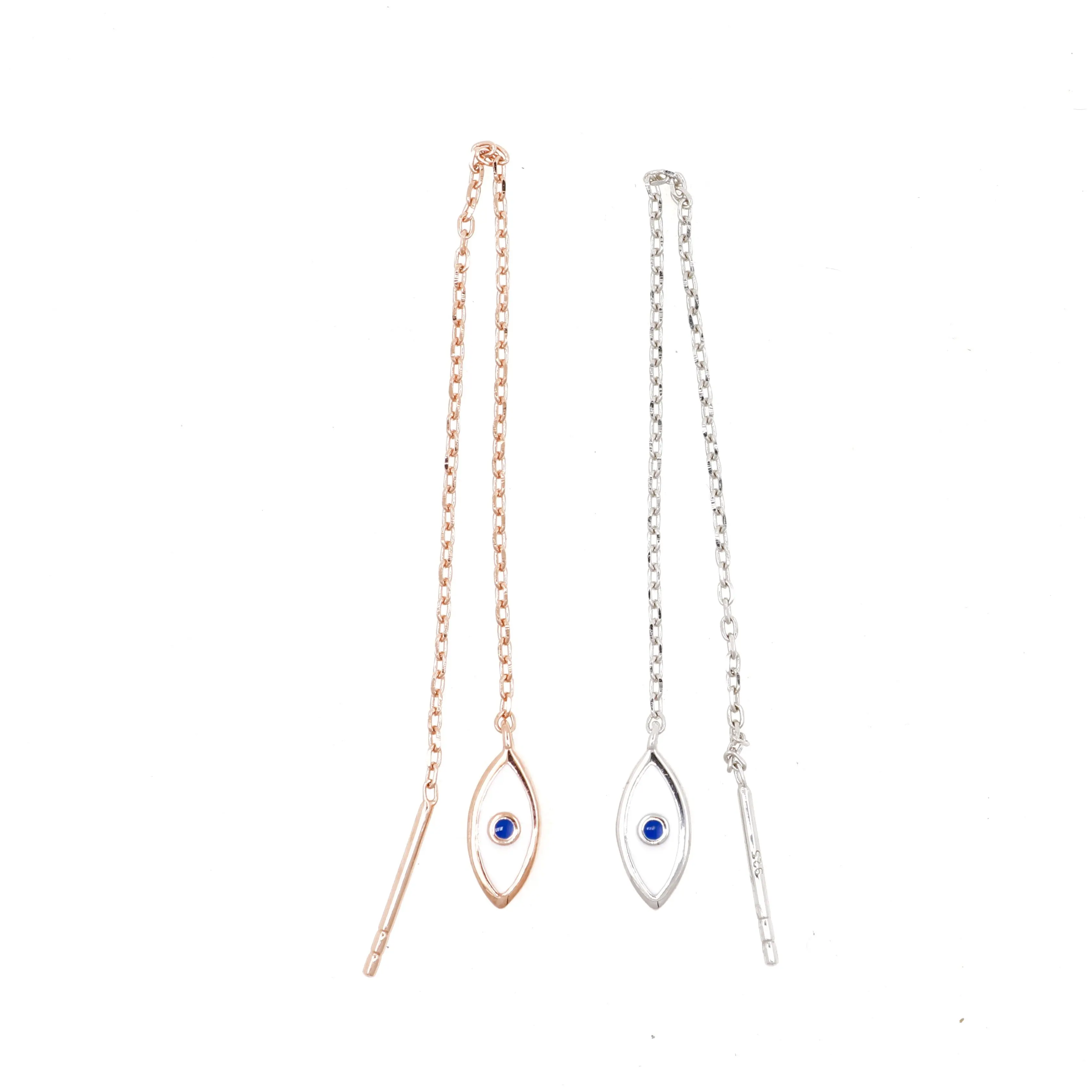 Tassel chain earring Silver Rose gold Color Cute tiny turkish evil eye charm Thin Threader chain earrings for women