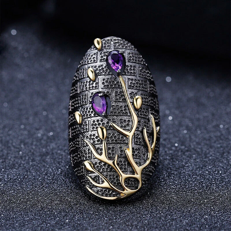 

Vintage Purple Life Tree Branch Two Tone Rings for Women Cubic Zirconia Stone Handmade Wedding Engagement Rings O4P548