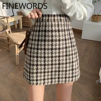 

FINEWORDS 2020 Vintage Plaid Janpanese Preppy Style Skirt High Waist Woolen A Line Short Skirt Casual Streetwear Kawaii Skirt