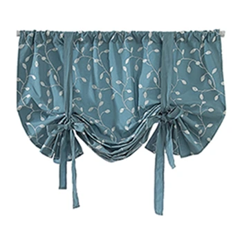 

Short Roman Curtain Balloon Shade Floral Embroidery Tie Up Curtains Rod Pocket for Kitchen Window Valance