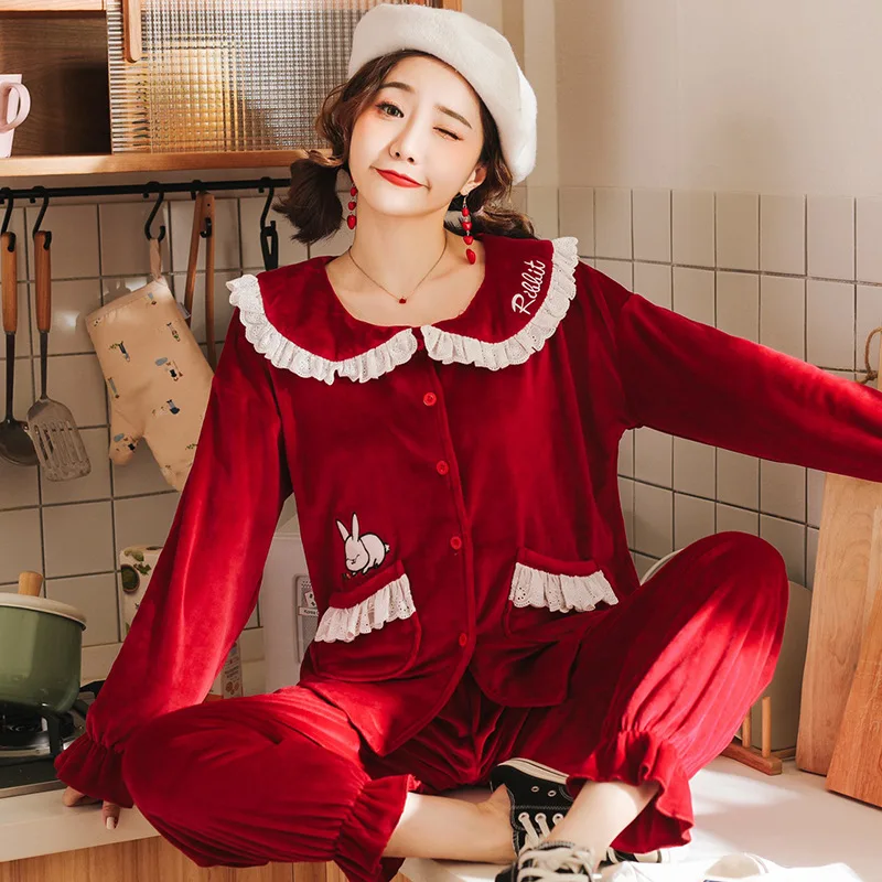 

Pajamas Women's Autumn & Winter Island Velvet Korean-style Sweet Cute Two-Piece Set-Outer Wear Thin Loose-Fit Cardigan Tracksuit