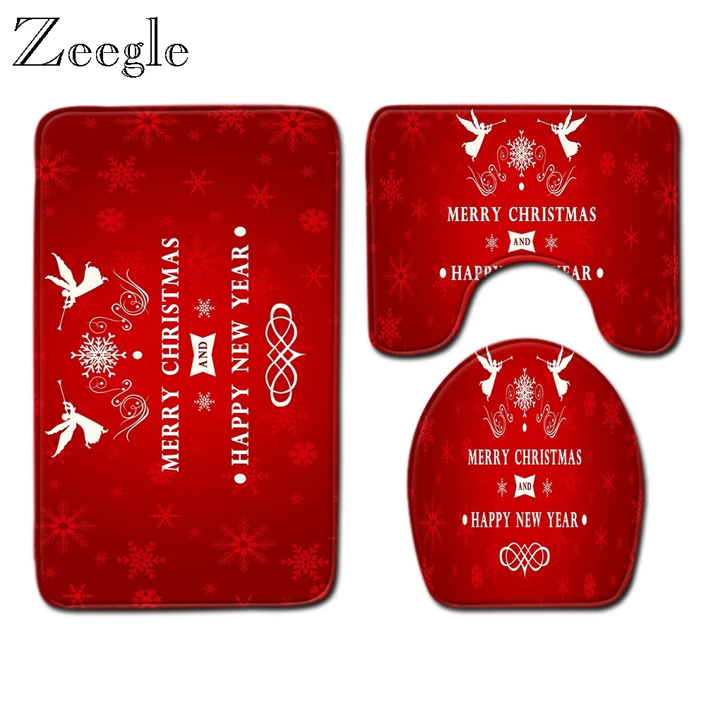 Zeegle Christmas Bath Mat Set Bathroom Decoration Carpet Toielt Pedestal Rug Flannel Soft Absorbent Foot Mat Toilet Seat Cover