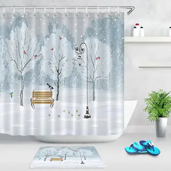 

Winter Forest Park Bench Watercolor Shower Curtain Bathroom Home Art Bathtub Decoration Waterproof Curtains with 12 Hooks