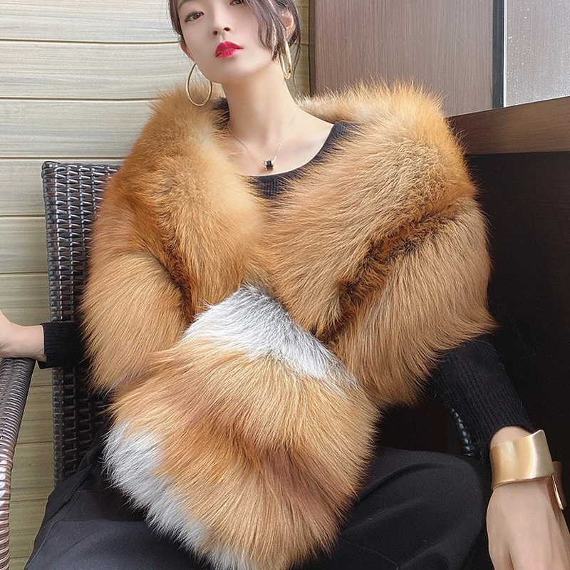 Женская шаль из натурального Лисьего меха длинный теплый шарф цельной кожи с