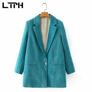 

LTPH literary vintage corduroy women blazer Slim Single Button Solid coat Business Casual long sleeve jackets 2020 Autumn New