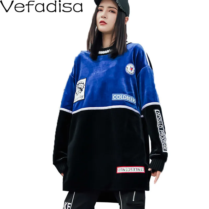 Vefadisa Hit Color Pullover Sweatshirt Woman Winter Thick Loose Sweatshirt O-Neck Letter Printing Sweatshirt QYF1342