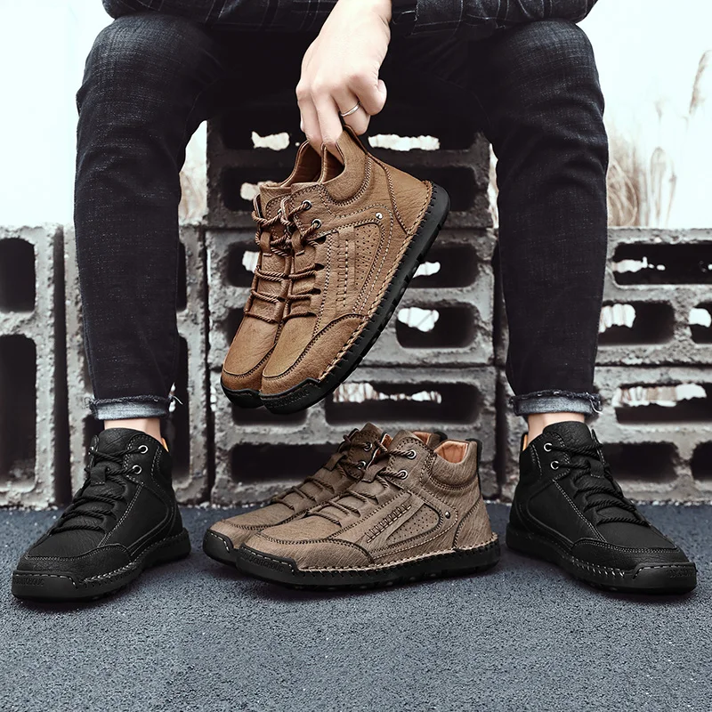 Nine o'clock Stylish Men's Leather Boots Casual Outdoor Street High-top Male Shoes Vintage Winter Warm Footwear Large Size 38-48
