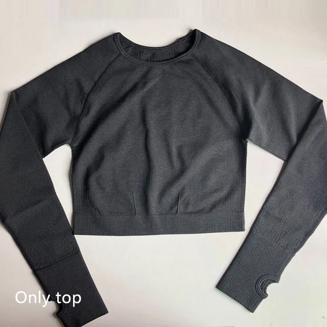 Black top Женский комплект для занятий йогой, тренировочная одежда для спортзала, укороченный Топ с длинным рукавом для фитнеса+ Бесшовные Леггинсы с высокой талией, спортивный костюм из 2 предметов - Цвет: Black top