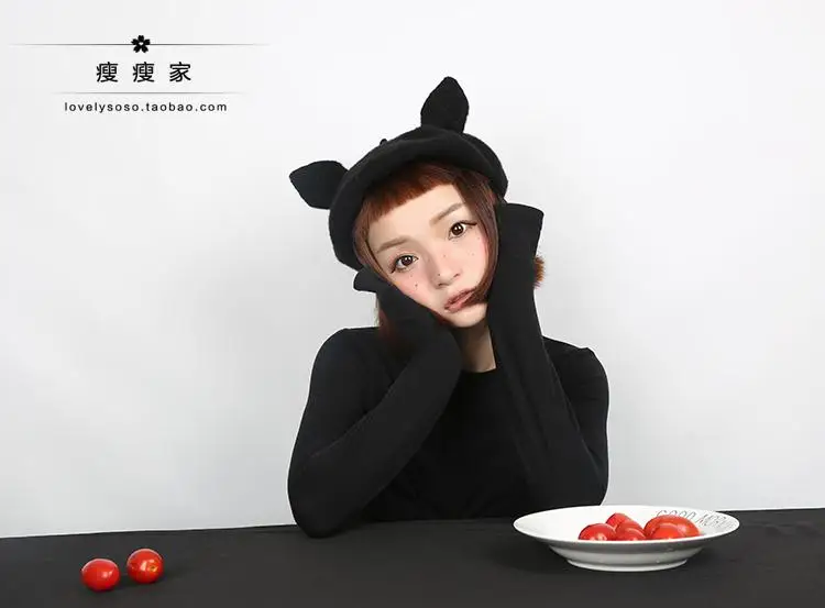 Qiu dong, сексуальный черный Берет ono, для родителей и детей, экспресс, в кошачьих ушах, причудливая женская шапка для художника - Цвет: black
