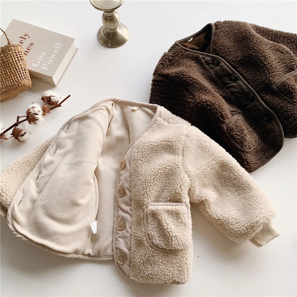 Honey Angle/зимняя одежда для девочек; Меховая куртка с длинными рукавами; пальто из овечьей шерсти в Корейском стиле для девочек и мальчиков; верхняя одежда; зимняя детская одежда