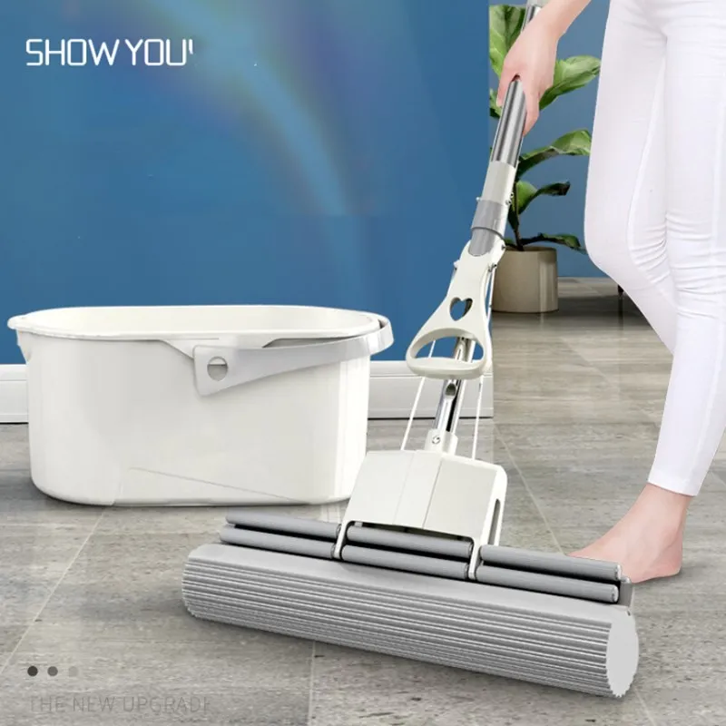 Sponge Mop Head Household Hand-free Washing Absorbent Mop Oversized Roller Type Cotton Mop Ceramic Tiles Floor Cleaning