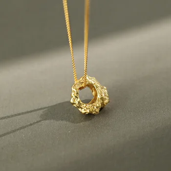 

Peri'sbox Textured Lava Rock Circle Necklaces Hollow Round Irregular Necklaces for Women 925 Sterling Silver Vintage Necklaces