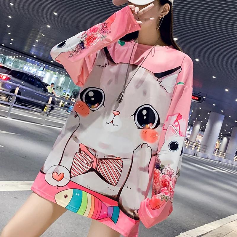 Футболки хип-хоп BF стиль для женщин мультфильм кошка печать Kawaii мягкая модная свободная футболка Корейская Повседневная модная женская Милая футболка
