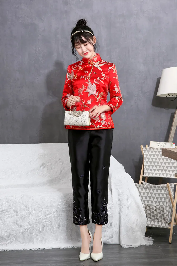 Новогодняя и зимняя Китайская традиционная одежда красные женские куртки с