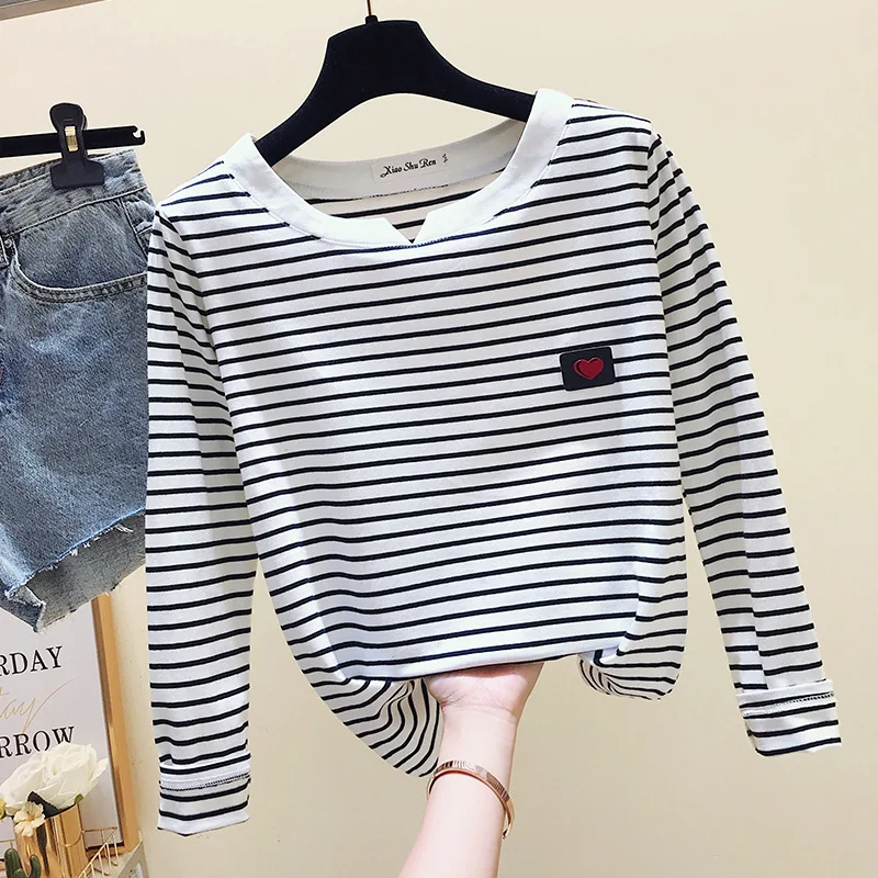 2022 Women Striped T Shirts Long Sleeve 95% Cotton Tops Casual Women Autumn T Shirts Tops Women TopsPull Femme524_voghion.com
