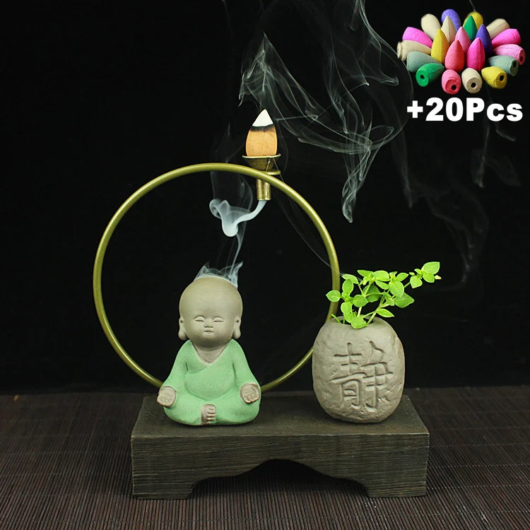 

With 20Cones Creative Zen The Little Monk Backflow Incense Burner Ceramic Artwork Home Decor Office Teahouse Ornament