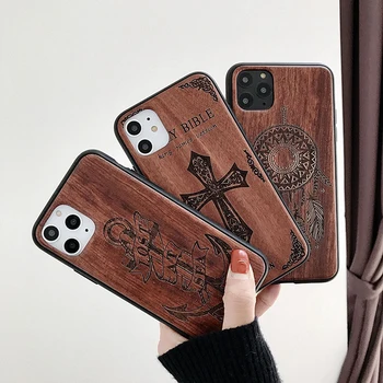 

wlzcyhbd 100% Natural Vintage Real Rosewood Cover For iPhone 11 Pro Max X Xr Xs Max 7 8 Plus 3D Relief Wooden Hard Phone Cases